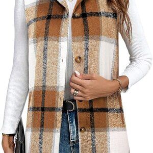 Khaki Women's Plaid Vest 2025 - Stylish Sleeveless Flannel Jacket with Pockets